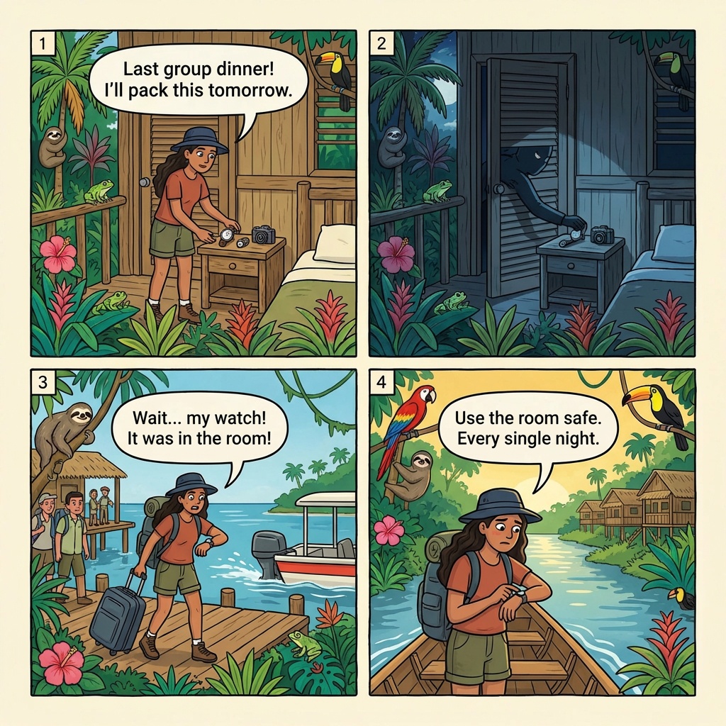 Jungle Lodge Last-Night Room Theft — comic illustration