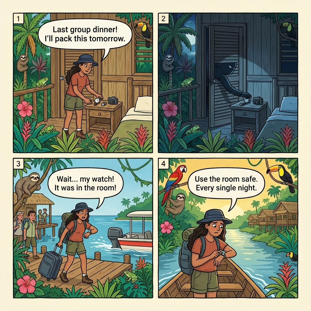 Jungle Lodge Last-Night Room Theft — comic illustration