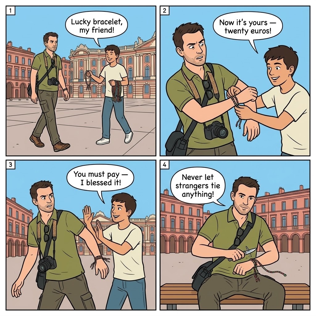 String/Bracelet Friendship Scam — comic illustration