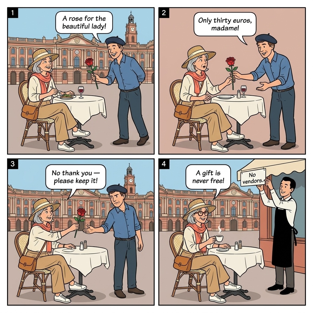 Rose Seller Distraction Theft — comic illustration