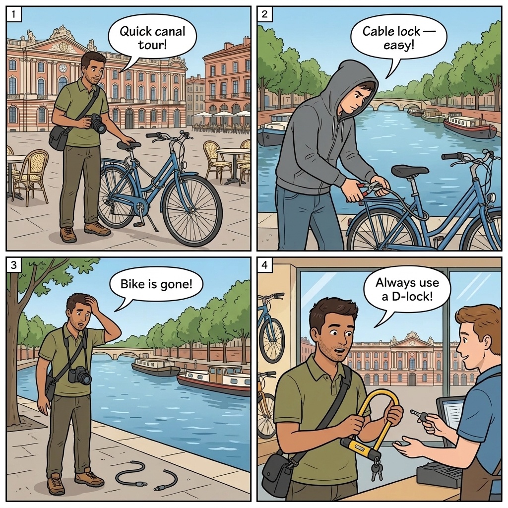 Canal-Side Bicycle Grab Theft — comic illustration