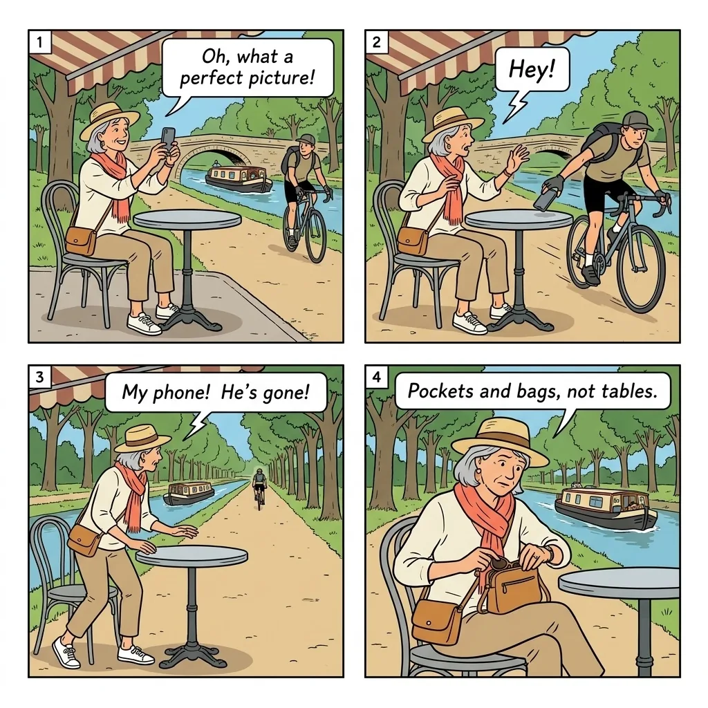 Canal-Side Bicycle Grab Theft — comic illustration