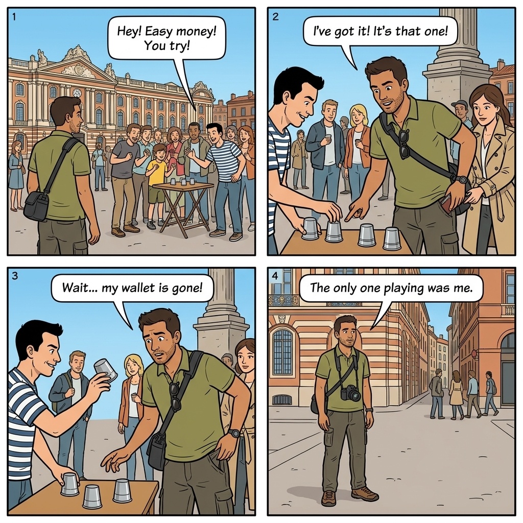 Shell Game / Three-Card Monte — comic illustration