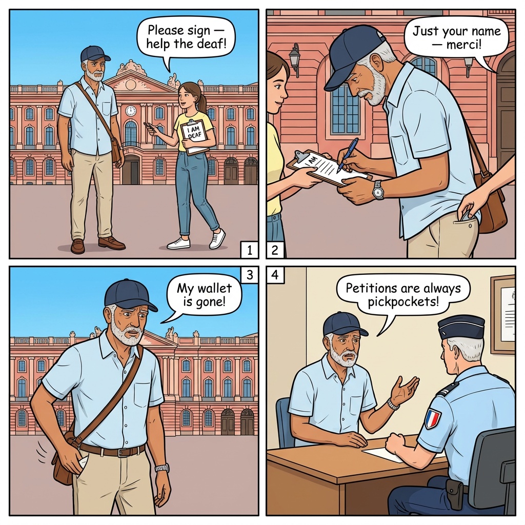 Fake Petition/Deaf-Mute Charity Scam — comic illustration