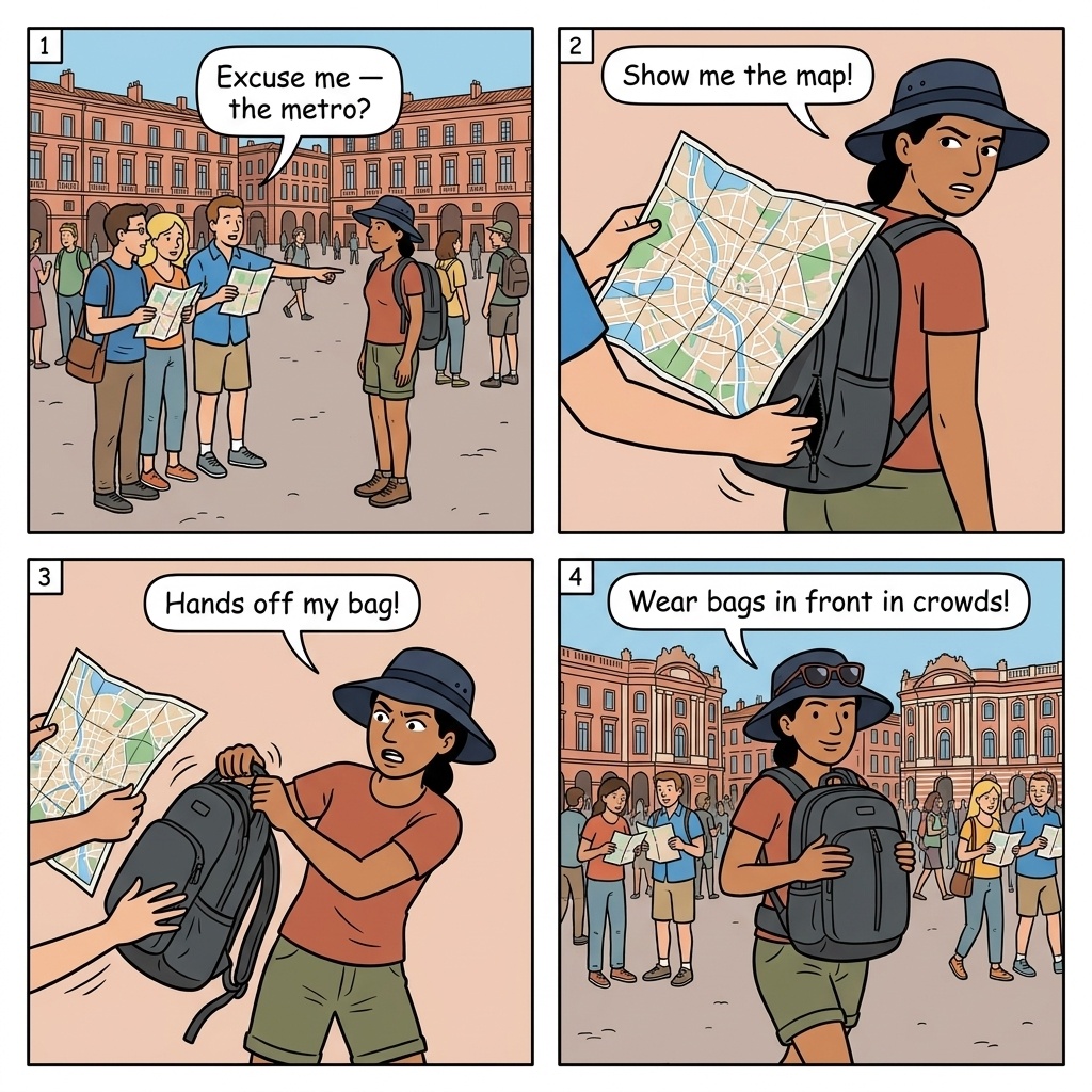 Metro and Public Transport Pickpocketing — comic illustration