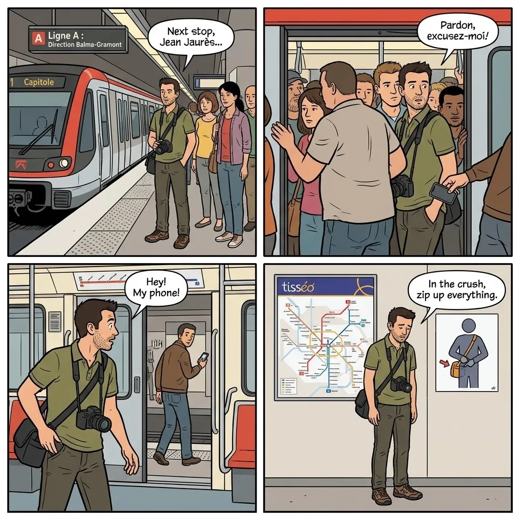 Metro and Public Transport Pickpocketing — comic illustration