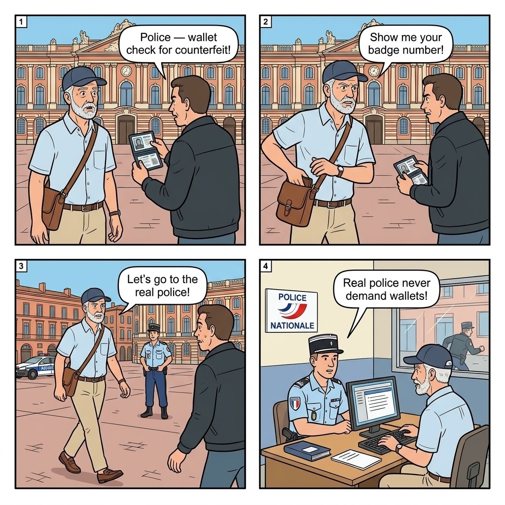 Fake Police ID Scam — comic illustration