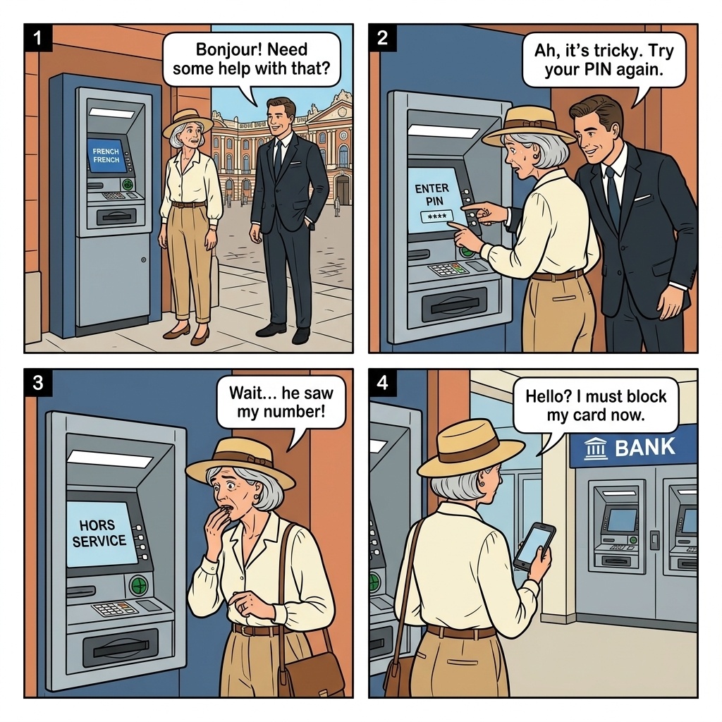 ATM Skimming and Card Fraud — comic illustration
