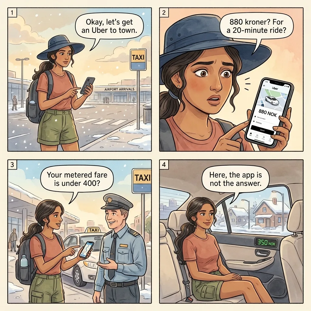 Tromsø Airport Uber Premium Markup — comic illustration