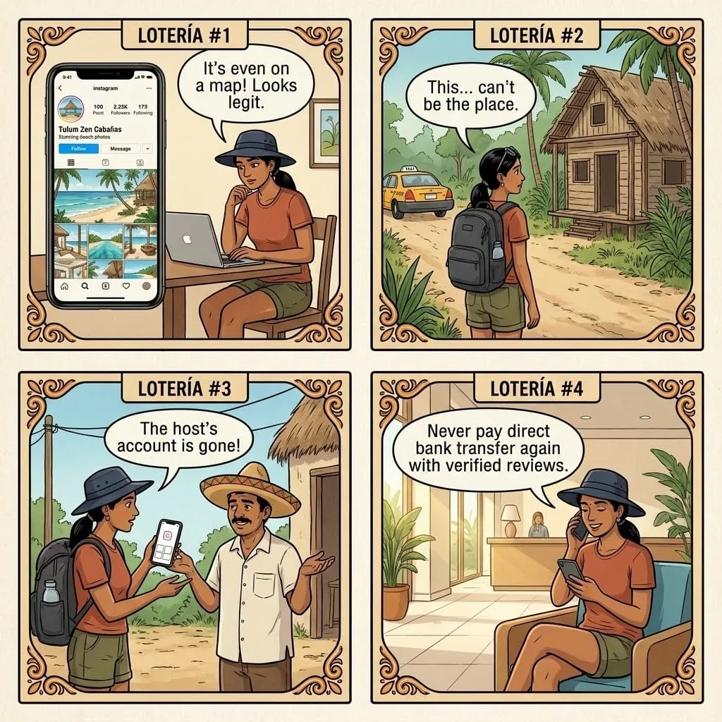 'Eco-Luxury' Cabaña Listing Fraud — comic illustration