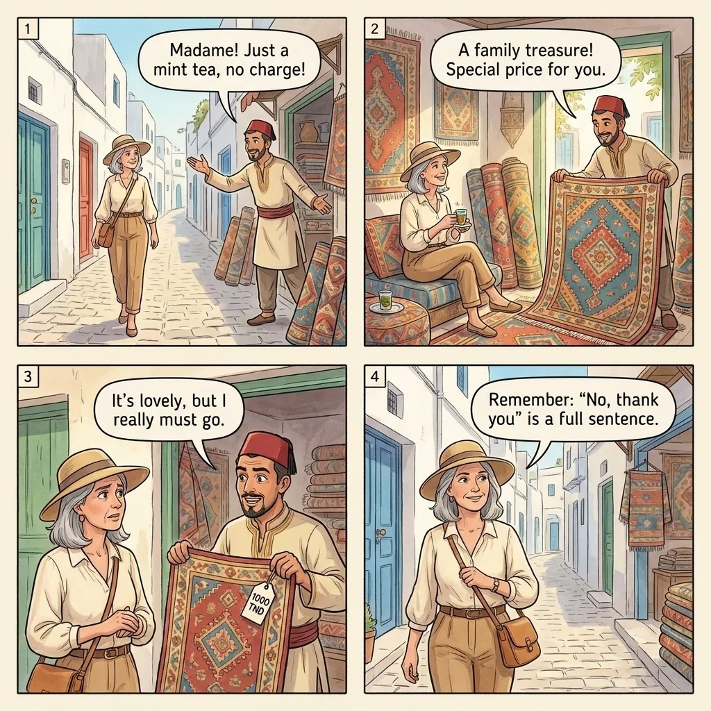 The Souk Carpet Shop Tea Trap — comic illustration