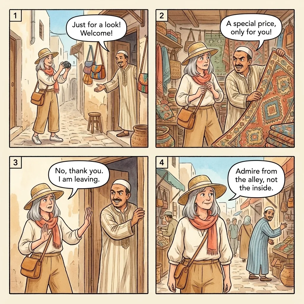 Souk Pressure Selling and Doorway Blocking — comic illustration