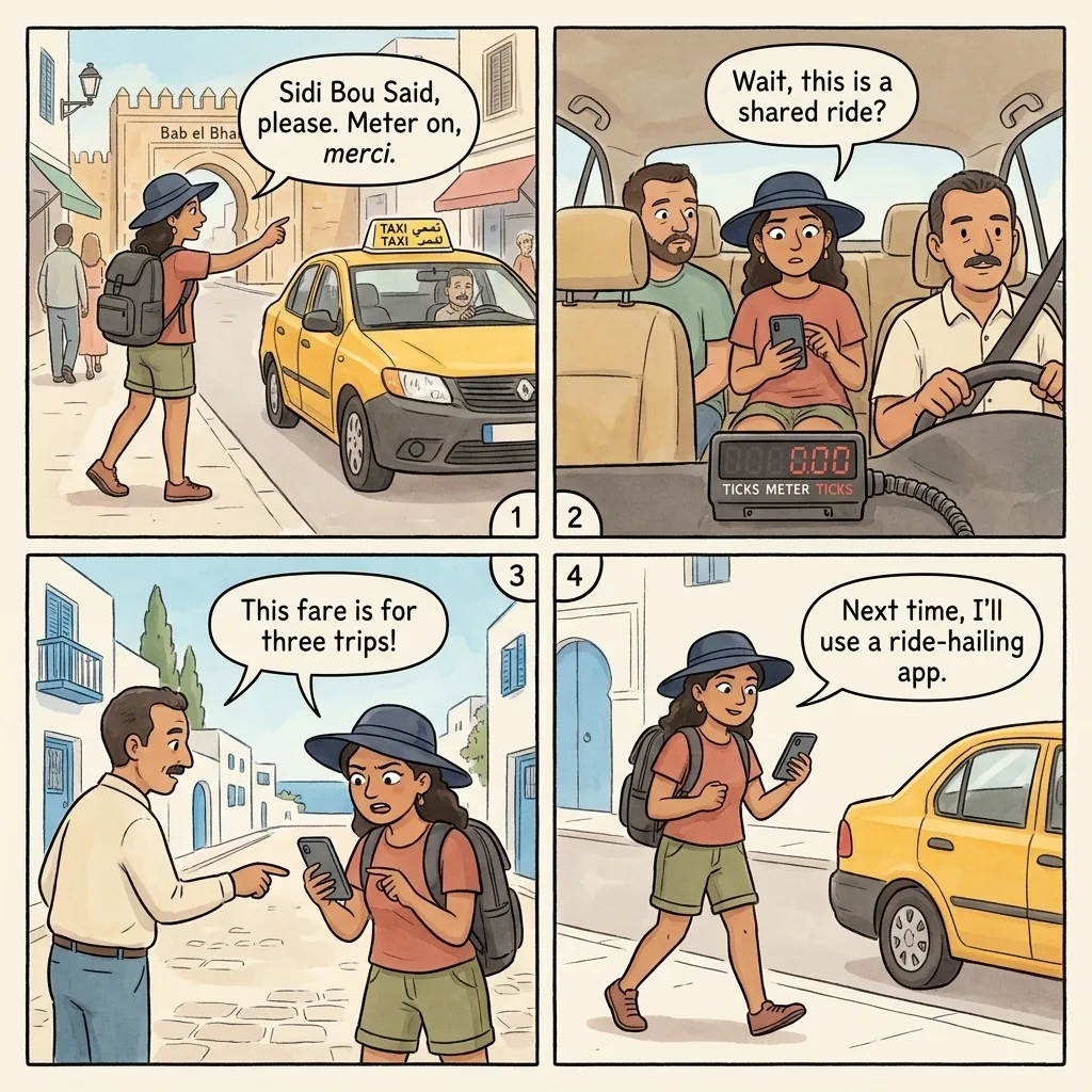 The Rigged-Meter Shared Taxi Trap — comic illustration