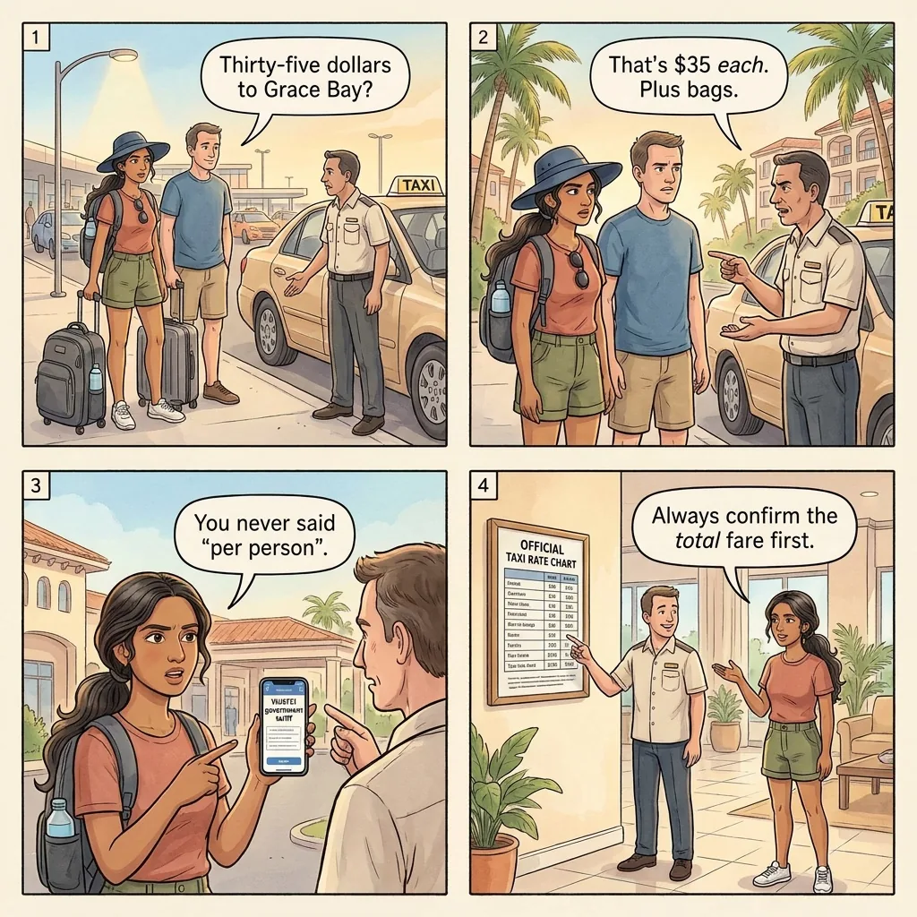 The PLS Airport Per-Person Taxi Overcharge — comic illustration