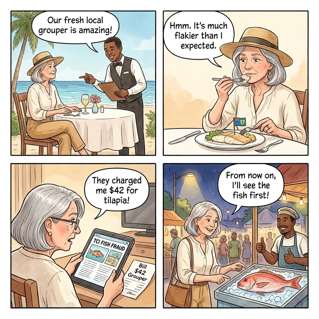 The TCI Restaurant Grouper Mislabelling — comic illustration