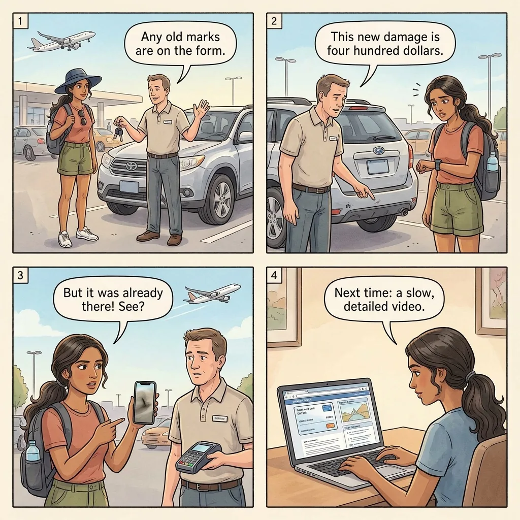 The PLS Rental-Car Phantom-Damage Charge — comic illustration