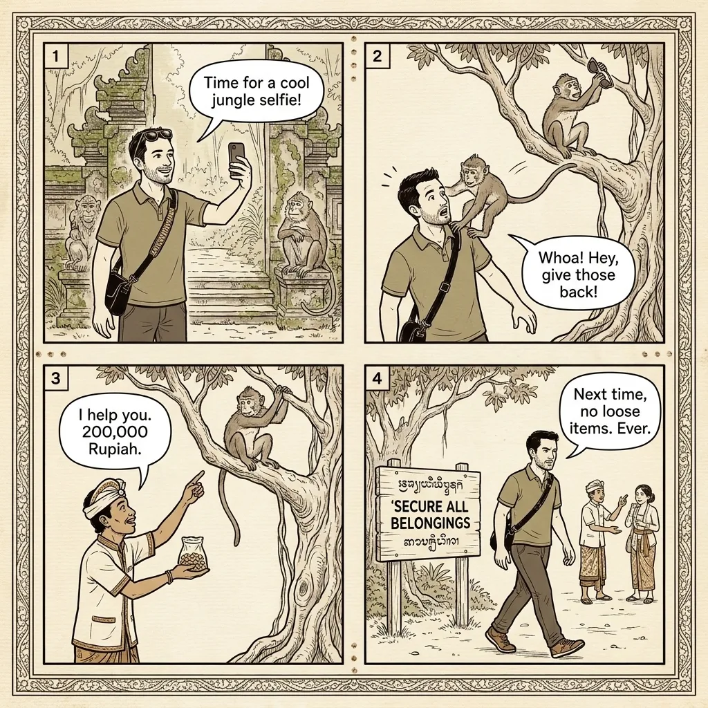 Ubud Sacred Monkey Forest Theft & Aggressive Monkeys — comic illustration