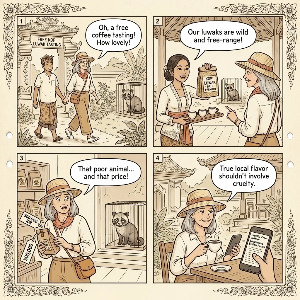 Kopi Luwak 'Coffee Plantation' Animal-Cruelty Tour & Fake Product — comic illustration