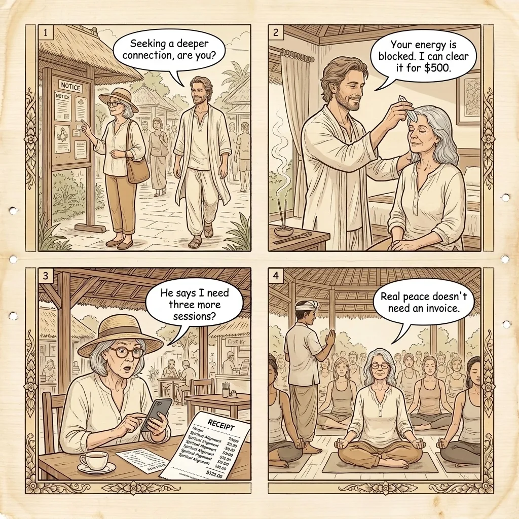 Fake-Guru Yoga Retreat & 'Spiritual Healing' Scam — comic illustration