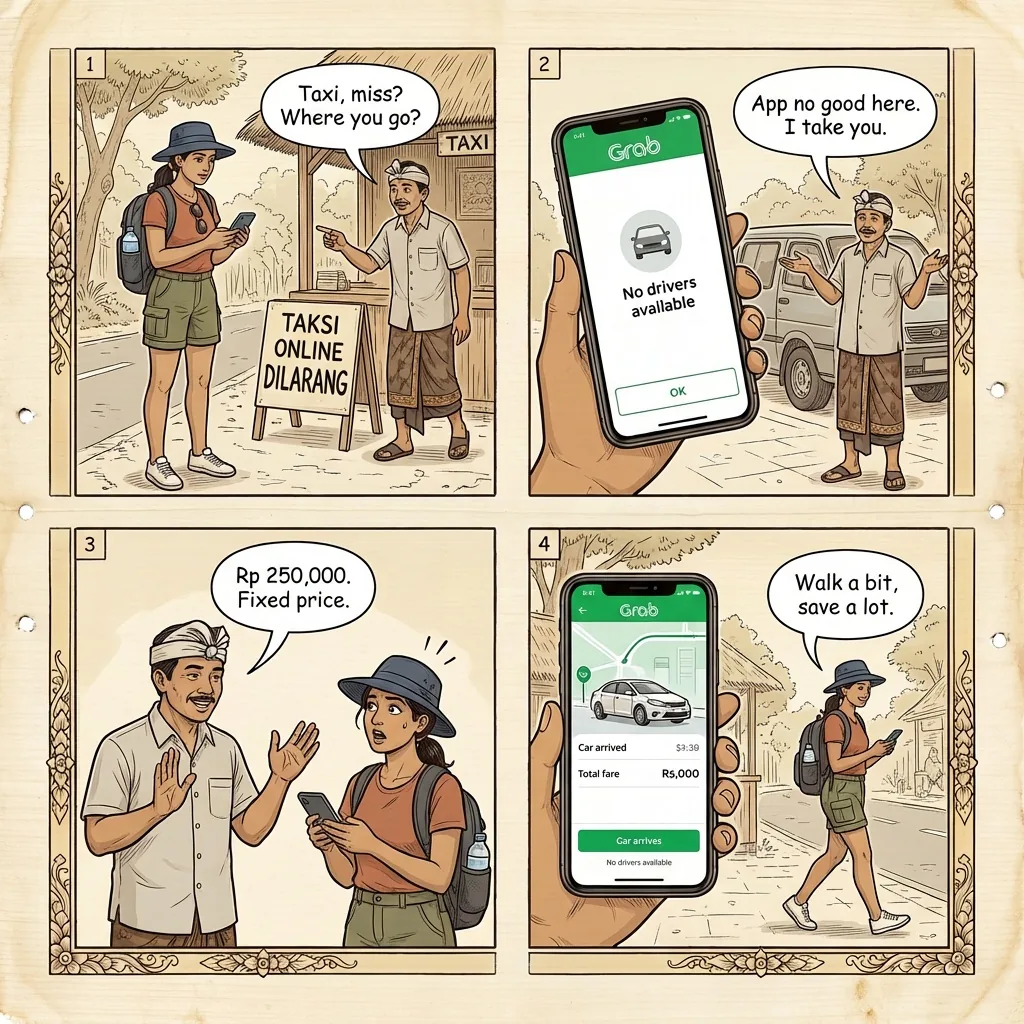 Ubud Taxi Mafia & Anti-Grab Blockade — comic illustration