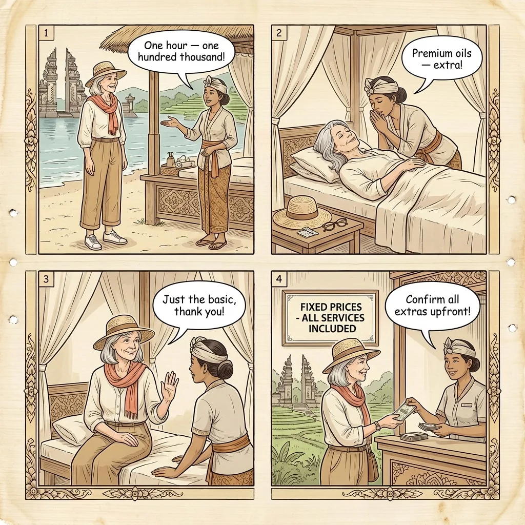 Ubud Pushy Massage & 'Extended Service' Upcharge Pressure — comic illustration