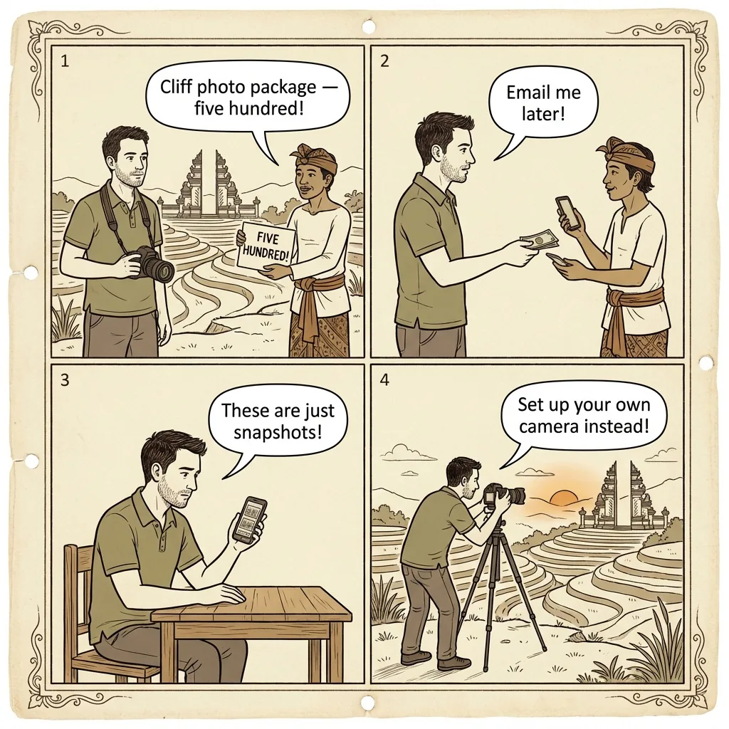 Tegallalang Rice Terrace 'Mandatory Guide' & Photo-Spot Fees — comic illustration