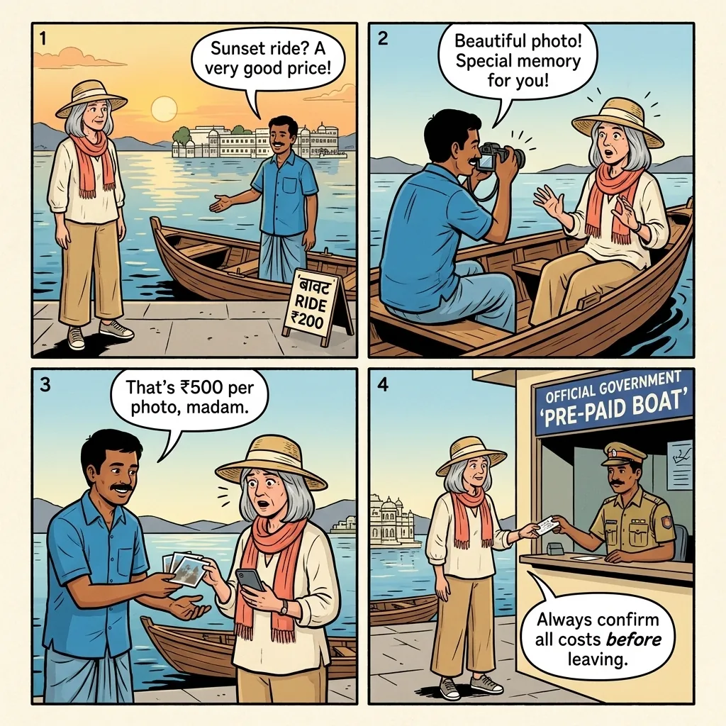 The Lake Palace Boat Photography Scam — comic illustration