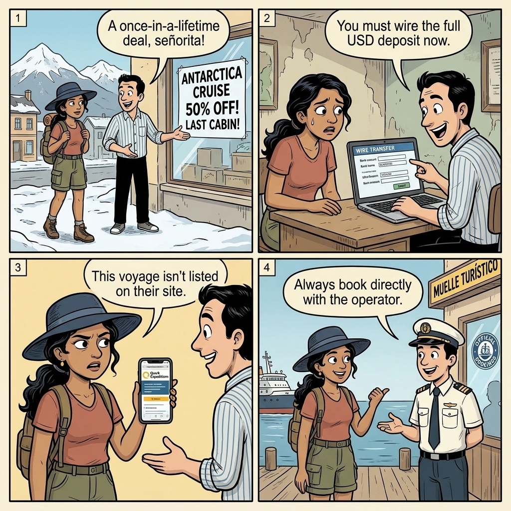 Antarctica Cruise 'Last-Minute Deal' Scams in Ushuaia — comic illustration