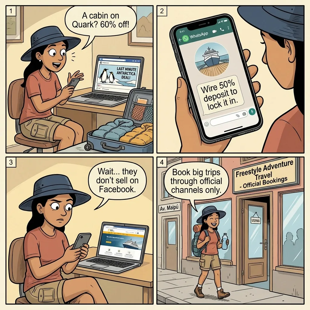 Antarctica Cruise 'Last-Minute Deal' Scams in Ushuaia — comic illustration