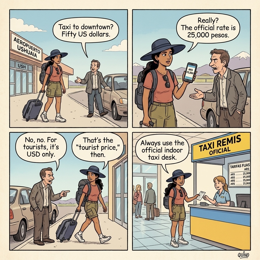 USH Airport Taxi Dual-Pricing Scam — comic illustration