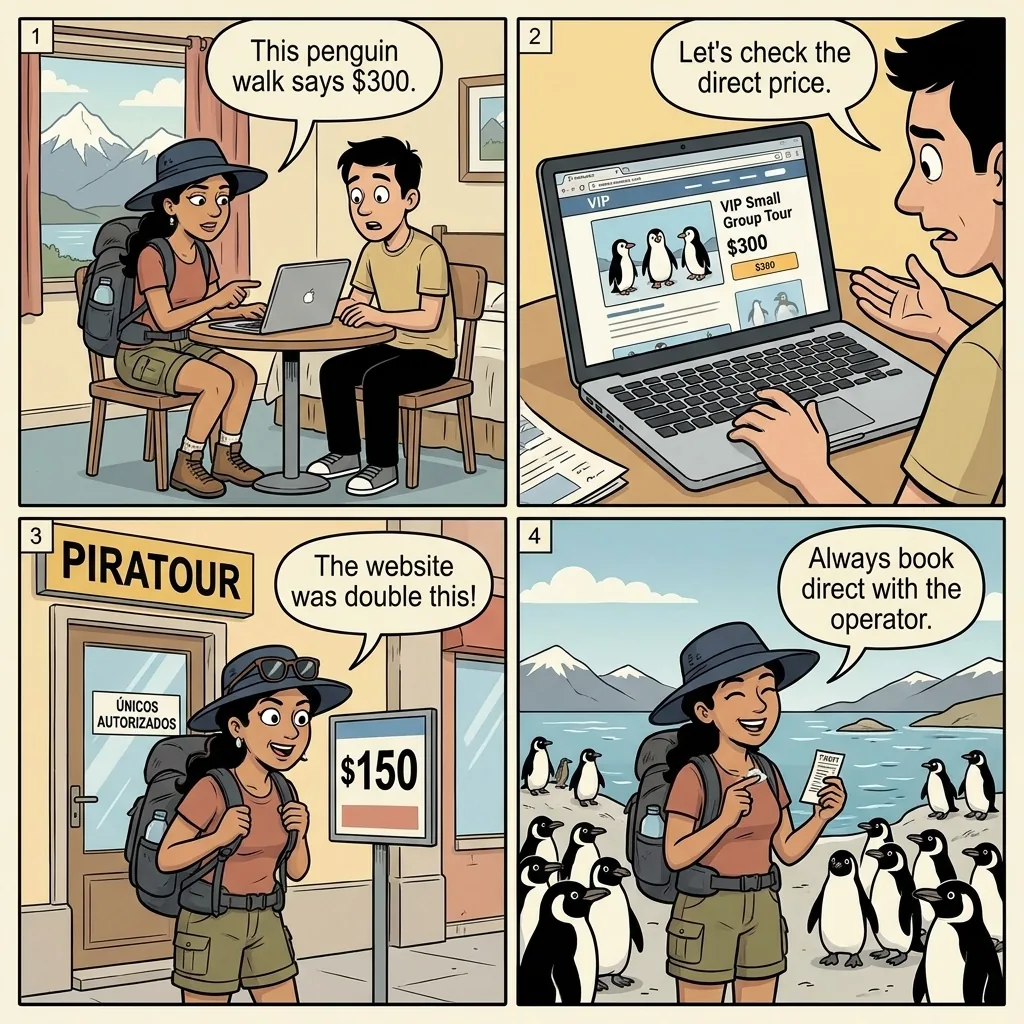 Piratour Penguin Walk & Beagle Channel Tour Markups — comic illustration