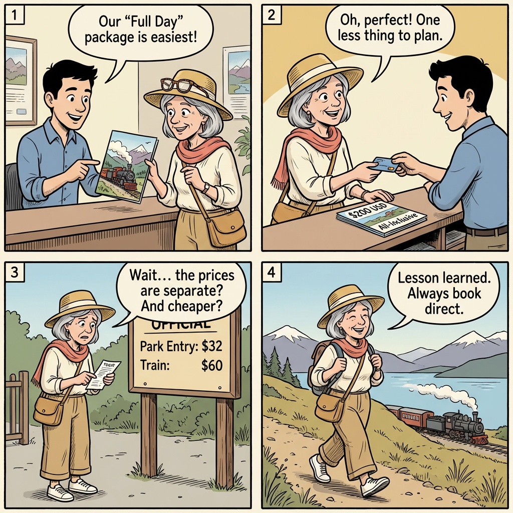 Tierra del Fuego National Park Entry & Tren del Fin del Mundo Upsell — comic illustration