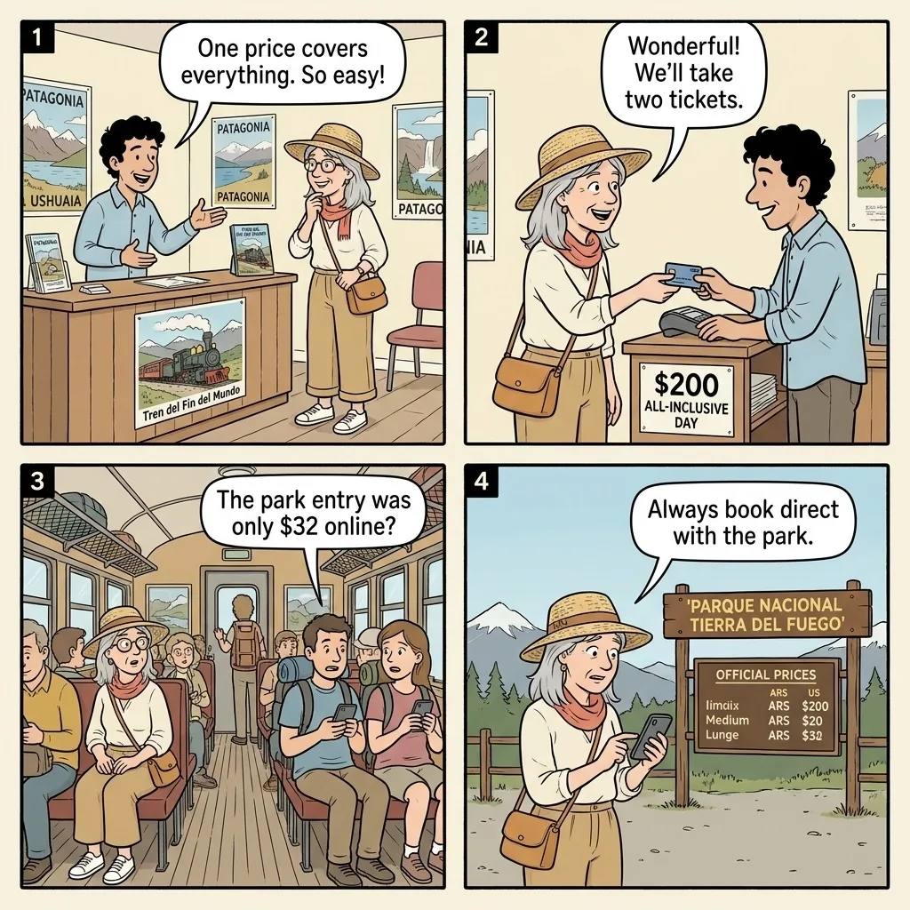 Tierra del Fuego National Park Entry & Tren del Fin del Mundo Upsell — comic illustration