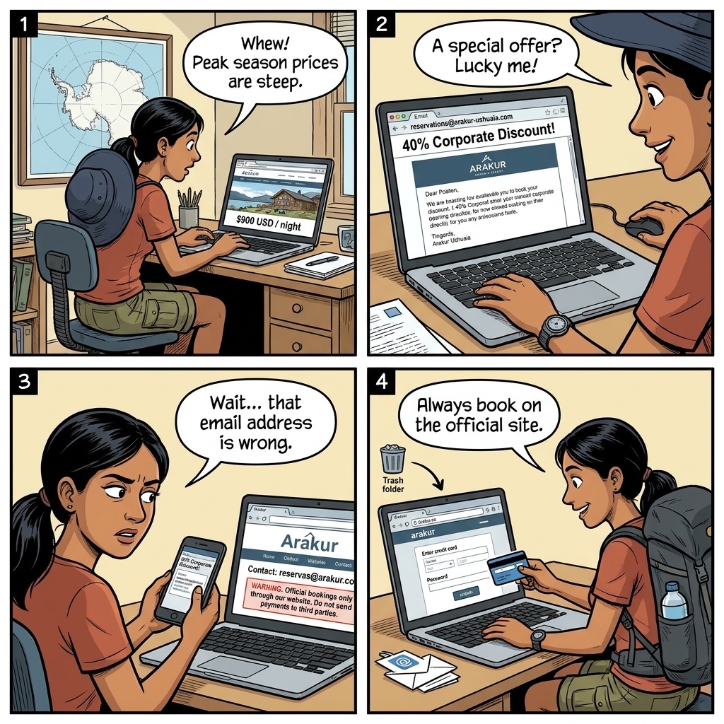 Ushuaia Hotel & Antarctic-Season Booking Fraud — comic illustration