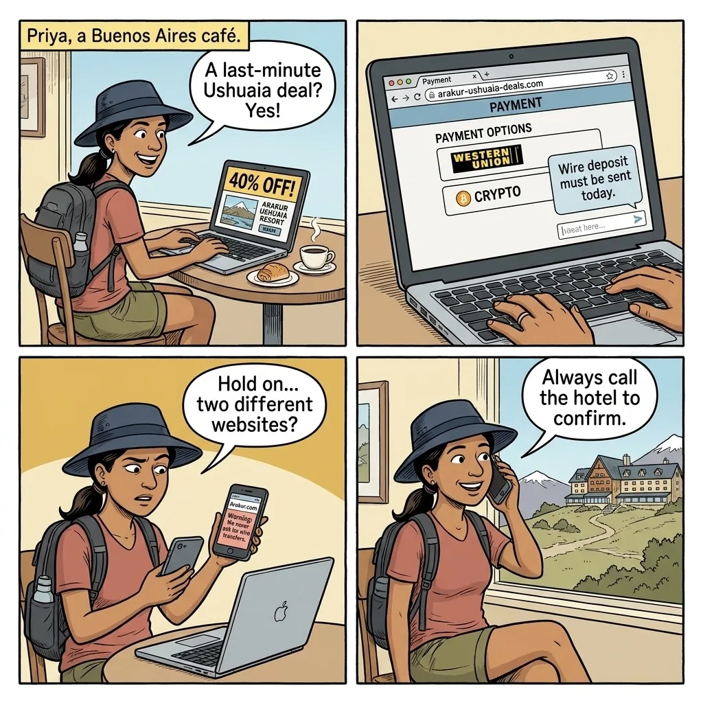 Ushuaia Hotel & Antarctic-Season Booking Fraud — comic illustration