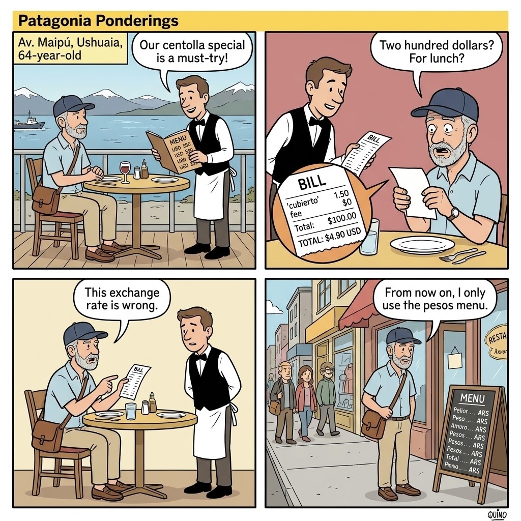 Ushuaia Restaurant Cubierto & USD-Dollar Upcharge Scam — comic illustration