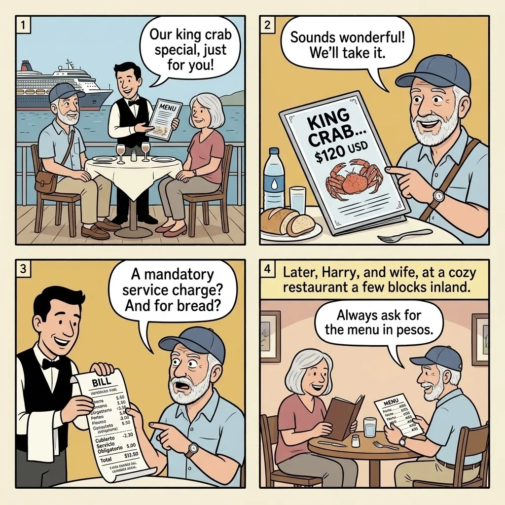 Ushuaia Restaurant Cubierto & USD-Dollar Upcharge Scam — comic illustration