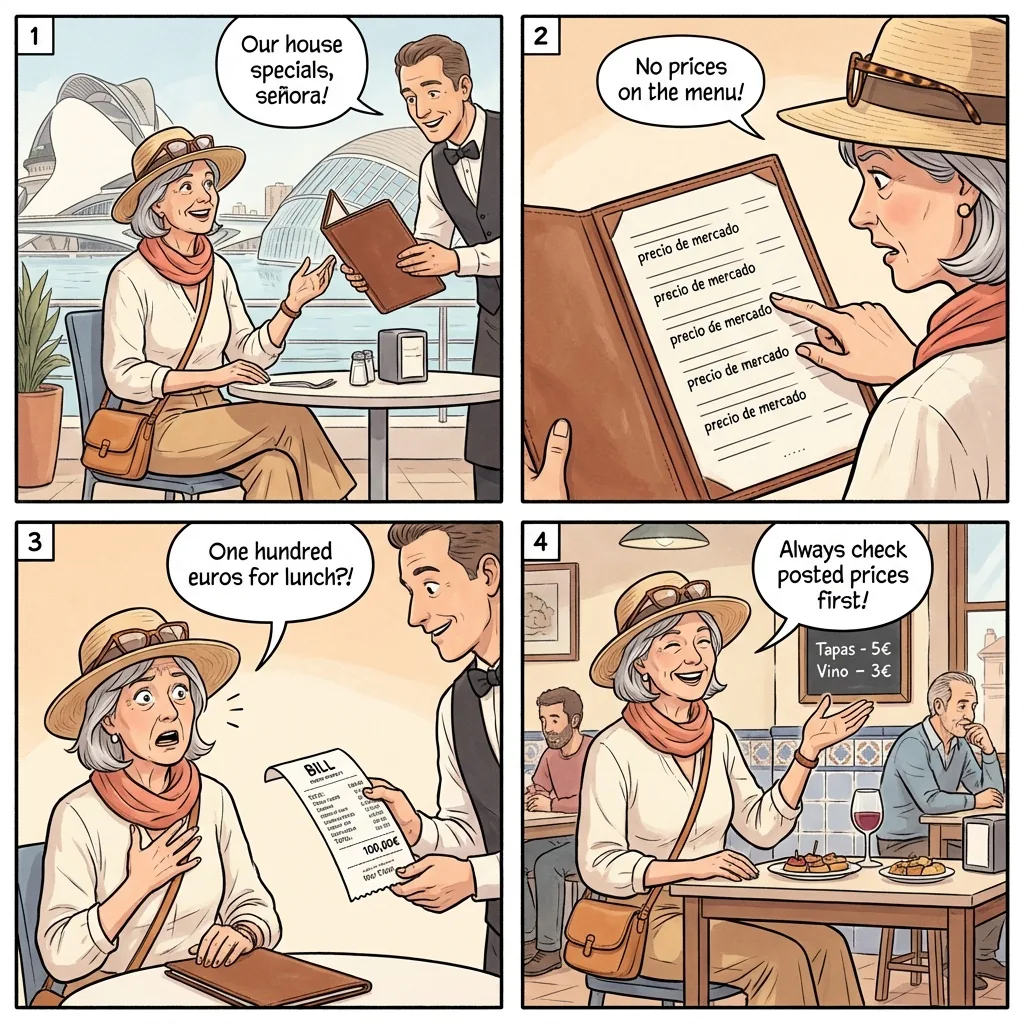 Paella Tourist-Trap Restaurant Overcharge — comic illustration