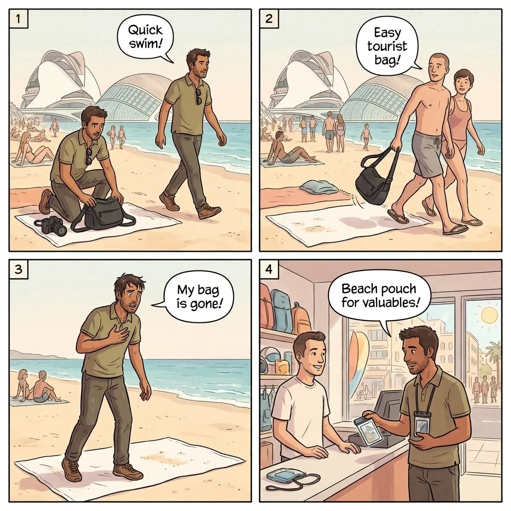 Malvarrosa Beach Theft & 'Helpful Scarf-Seller' Con — comic illustration