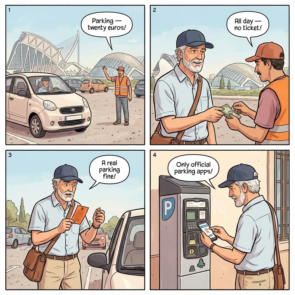Fake Parking Attendants at Malvarrosa Beach & Free Zones — comic illustration
