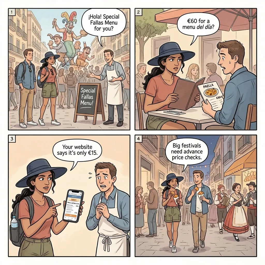 Las Fallas Festival Pricing Gouges & Accommodation Fraud — comic illustration