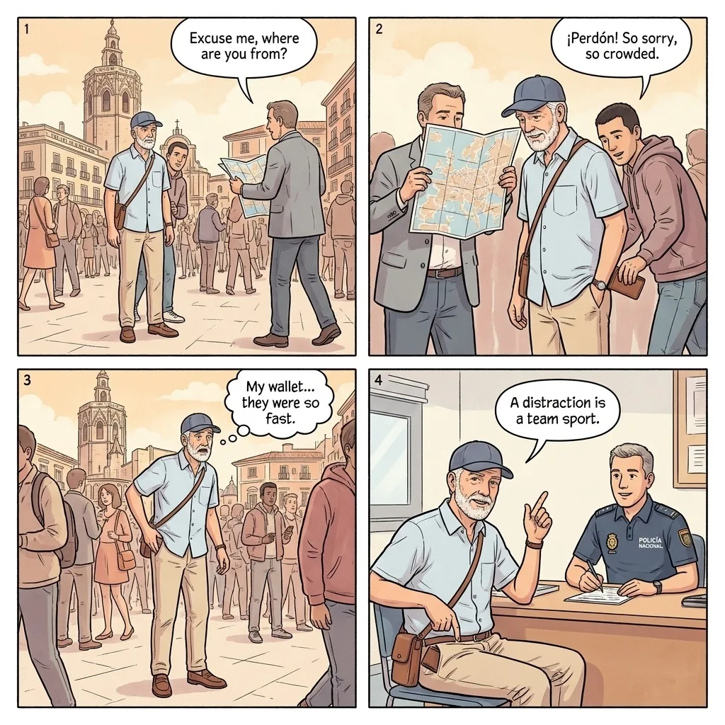 Valencia Old Town Pickpocket Gangs — comic illustration