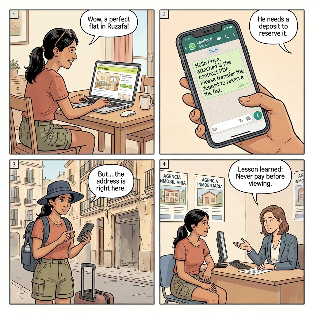 Short-Term Rental & Idealista Apartment Booking Fraud — comic illustration