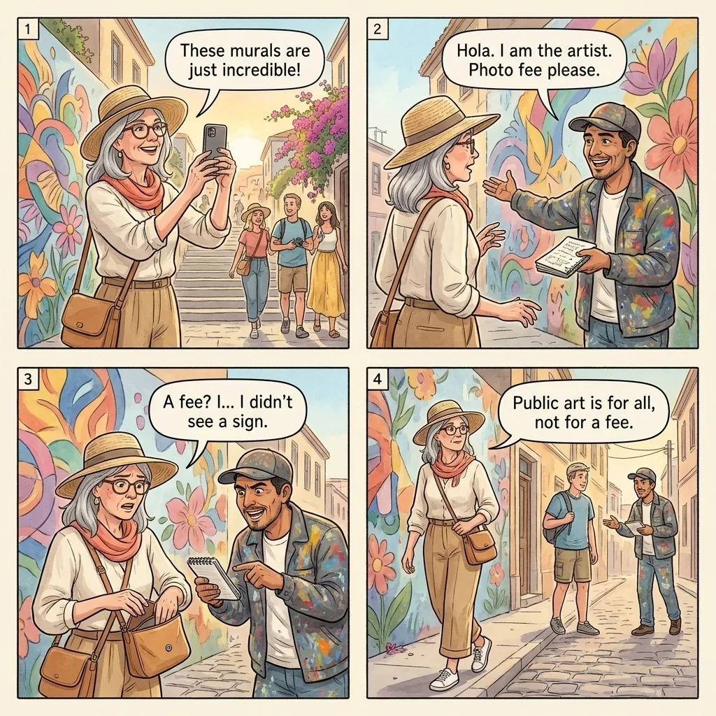 The Cerros Mural Photo-Fee Shakedown — comic illustration