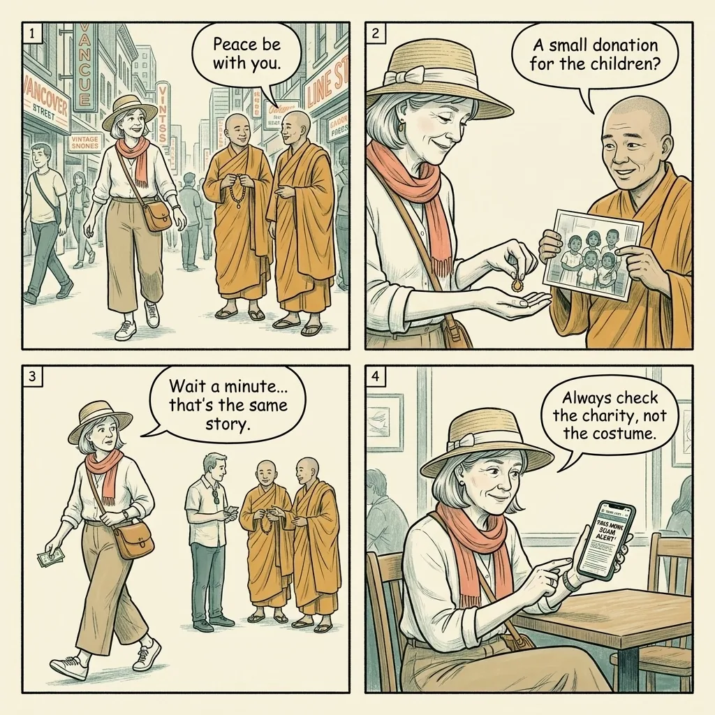Fake Monks Donation Scam — comic illustration