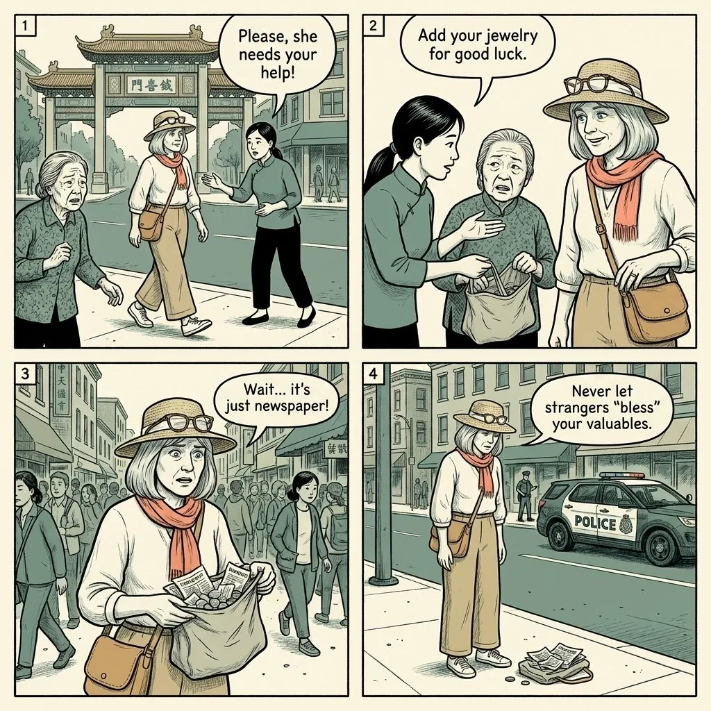 Gold/Jewelry Blessing Scam — comic illustration