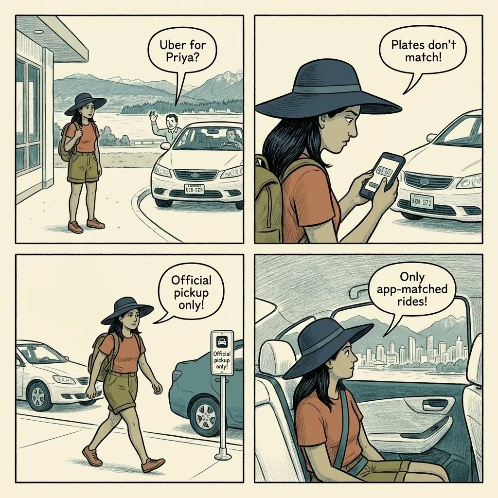 Fake Uber/Rideshare at YVR — comic illustration