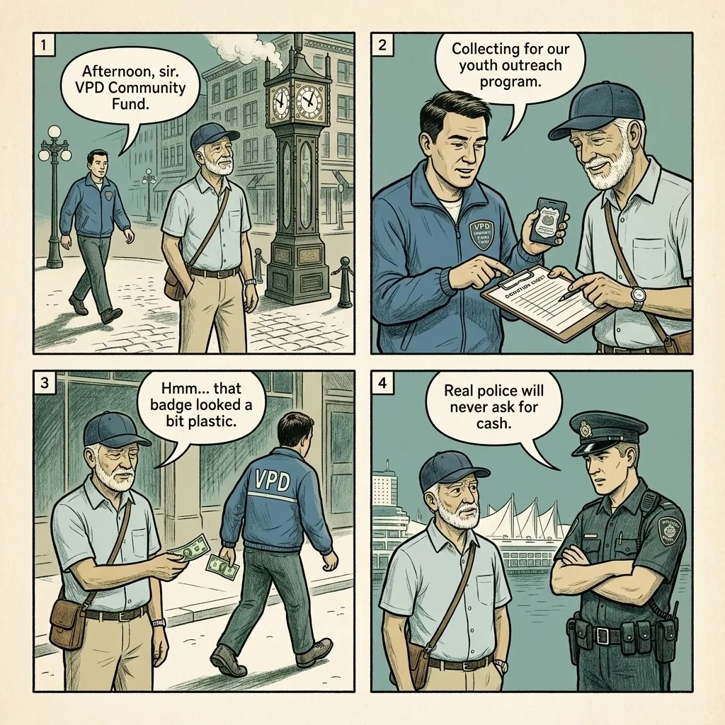The Phony Police Officer Donation Scam — comic illustration