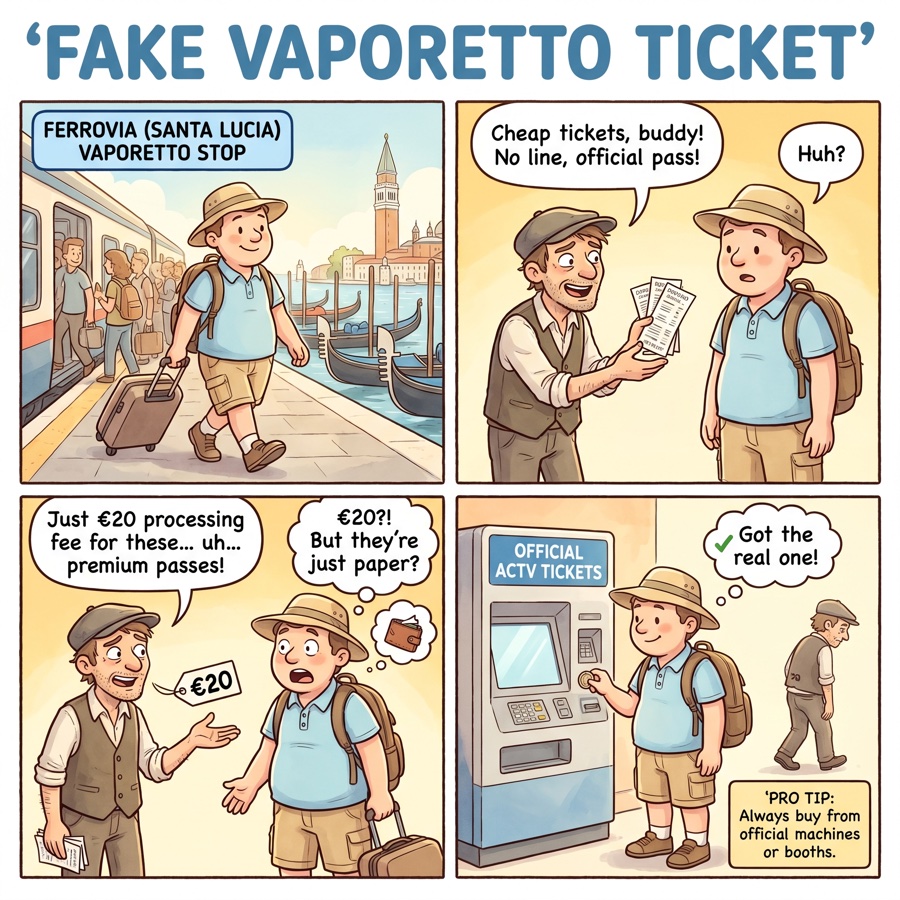 Venice San Marco rio-side trattoria pesce-al-etto comic, tourist couple at small table while waiter brings out a large fish on a tray for weighing