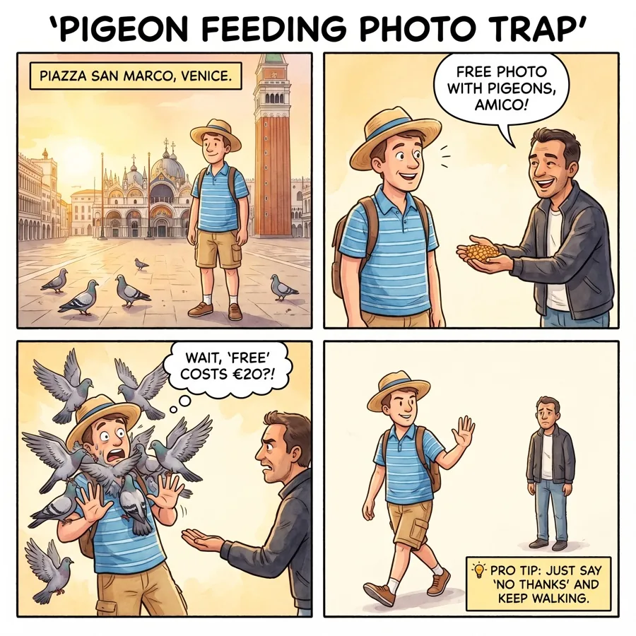 Pigeon Feeding Photo Trap — comic illustration